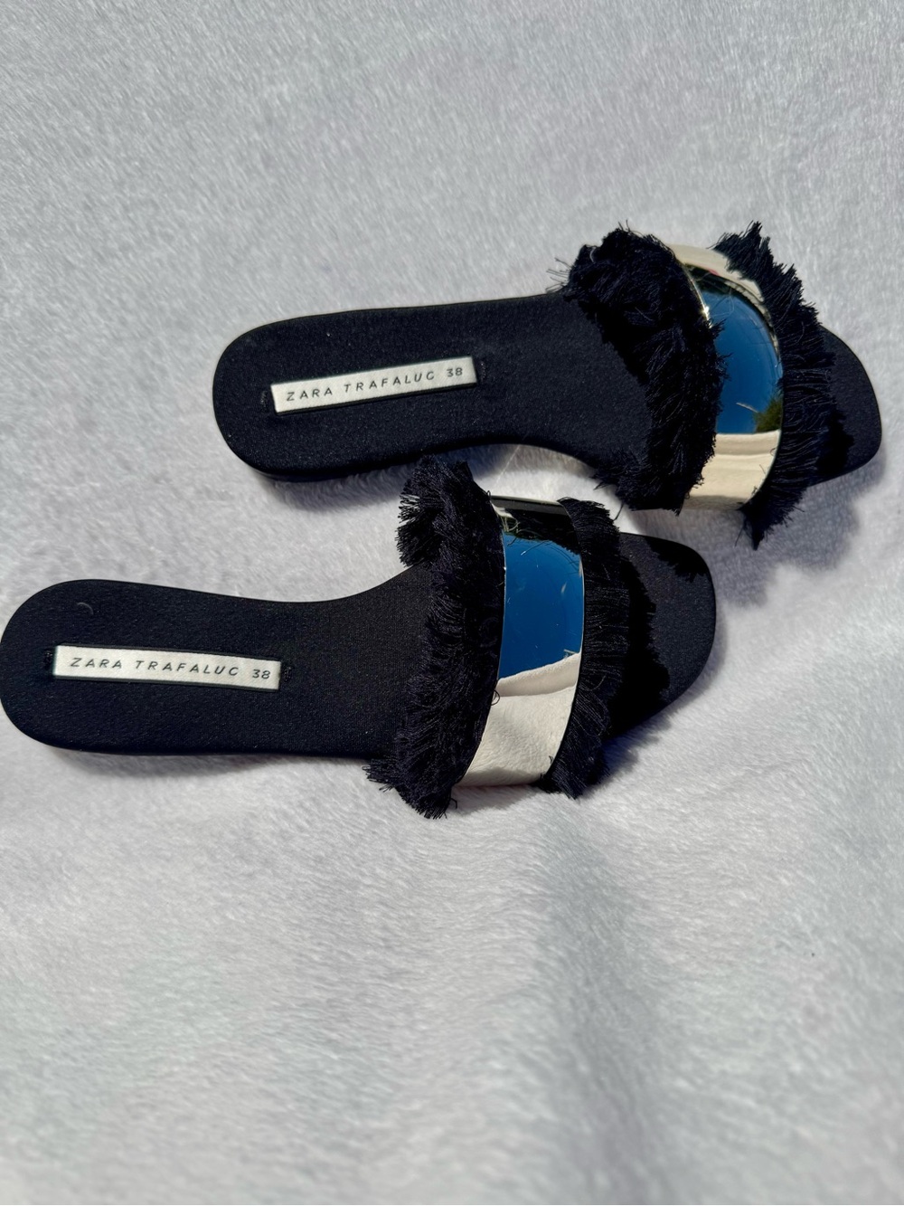 ZARA TRAFALUC Black Fringed Slide Sandals Women's Size 38 EU (7.5 US)